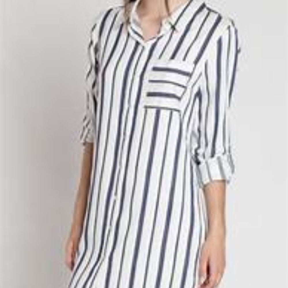 Zara Gray White Stripe SINGLE Pocket Tunic Button-Down Lagenlook 3/4 Sleeves L